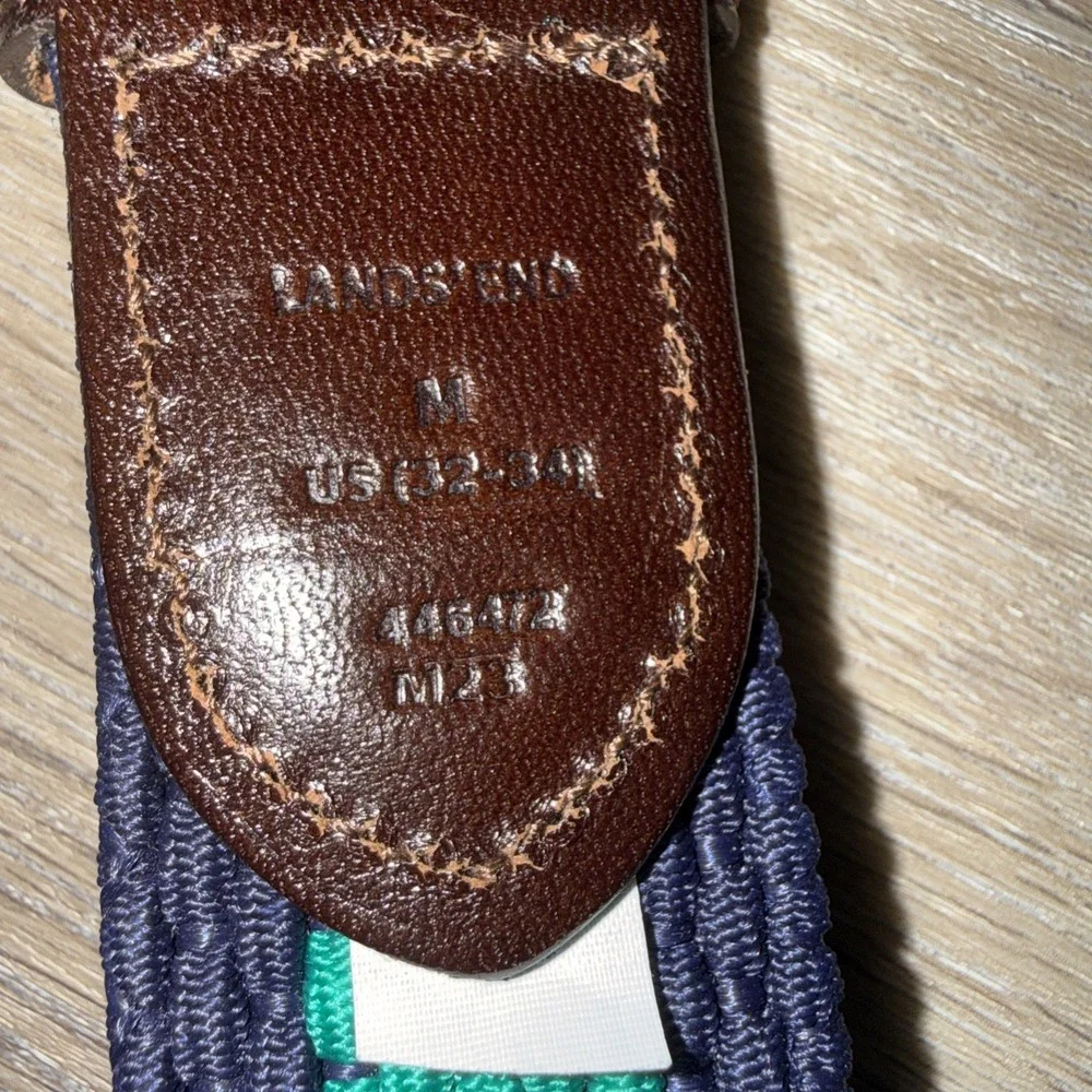 Lands' End Dark Blue & Green Woven Belt Leather Buckle Preppy Size M Made USA